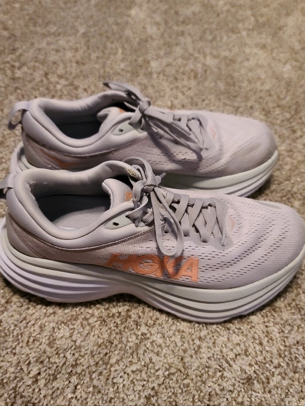 Women's 7.5B, Hoka Bondi 8 Creamy Gray Running Shoes with Peach Accents
